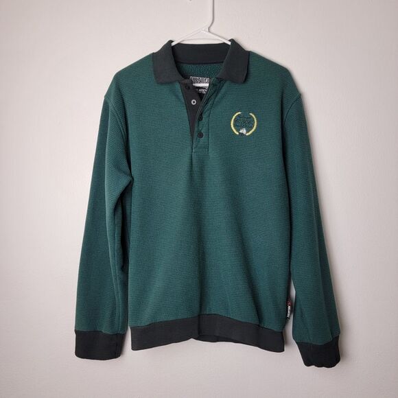 🛥Green 90s Vintage Oversized Yacht Club Long Sleeve Polo Sweatshirt Size Medium - Picture 2 of 8